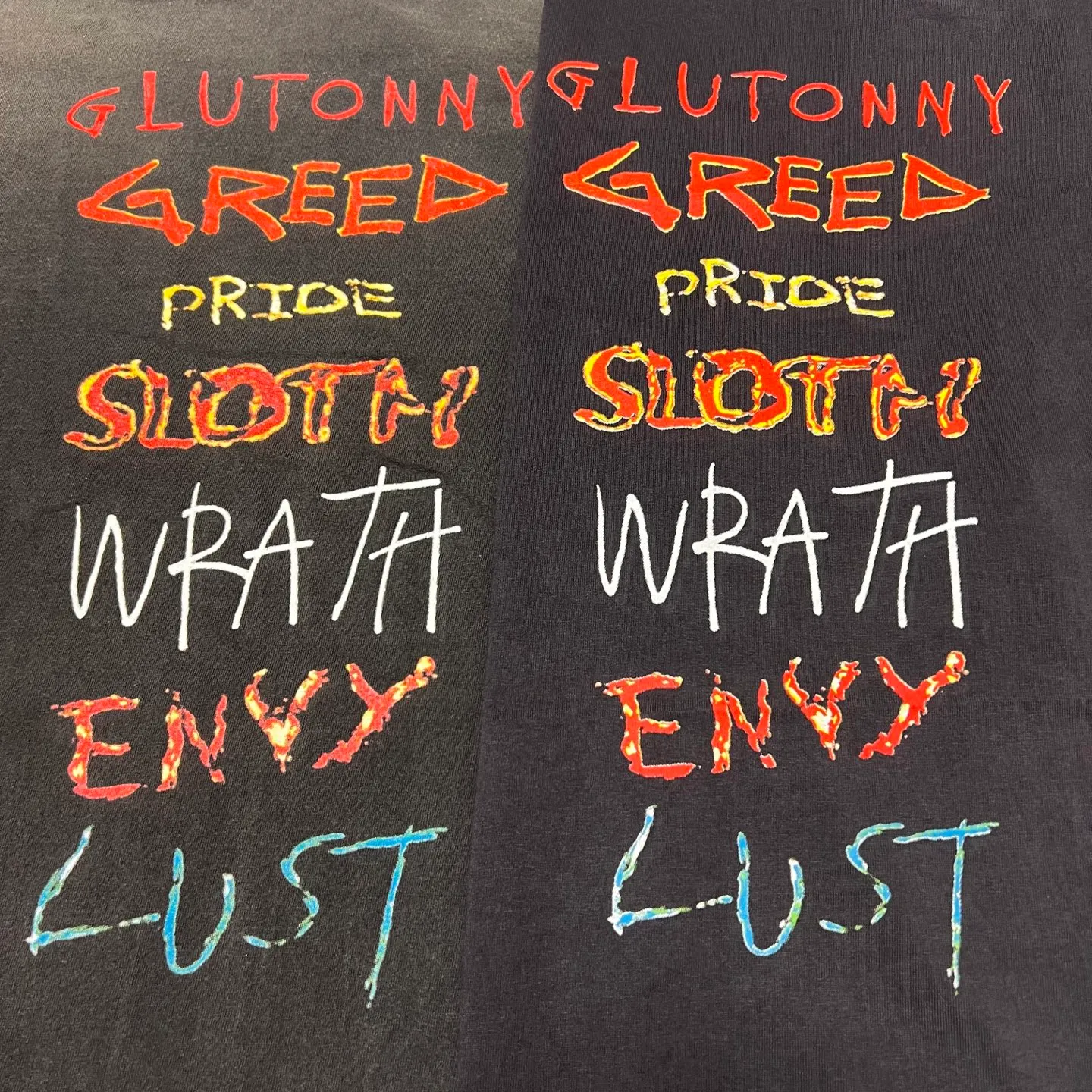 Comparison of printing proofs SAINT Mxxxxxx SEVEN DEADLY SS TEE/BLK Phantom SAINT Seven Deadly Sins Printed TEE Washed Black S-XL Look for cylindrical fabrics without side seams. Don’t buy open width fabrics anymore. It’s boring. Asut garments are dyed. The whole piece is sprayed with horse. Re-spray heavy fade. Collar and cuffs are frayed. Many hangings are worn. Accessories are complete. Customized original consistent main mark/wash mark/little angel anti-counterfeiting mark.